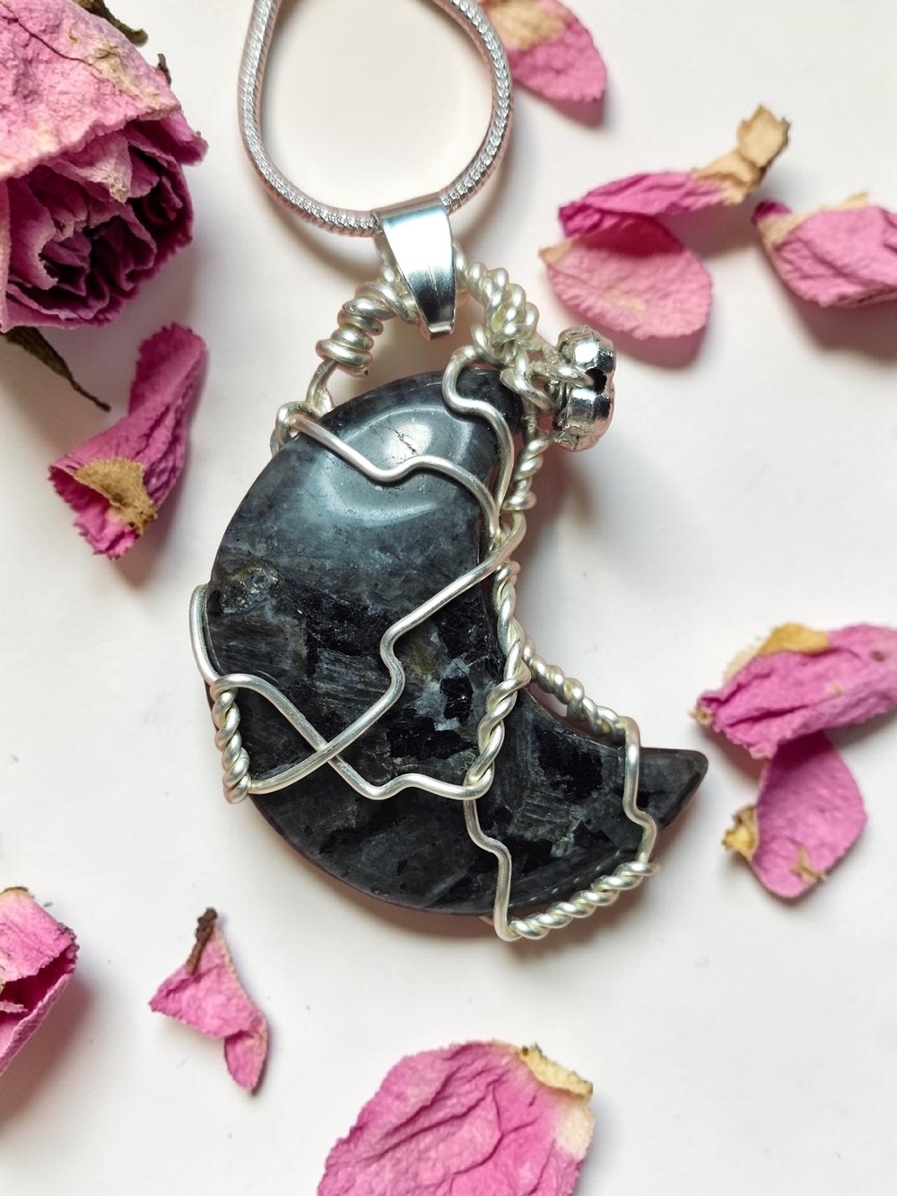 Handcrafted Labadorite Moonstone Wire-Wrapped Pendant/ Silver/flower Charm